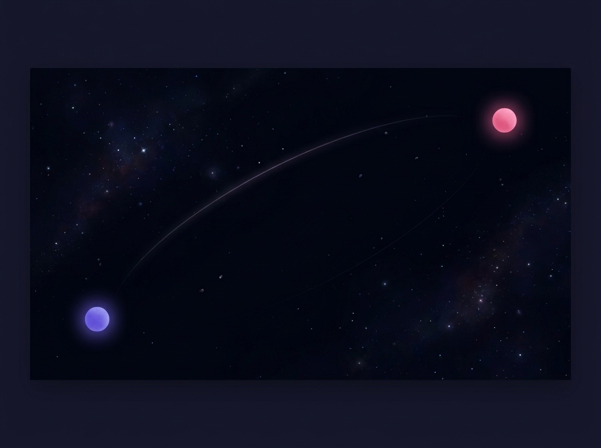 Two small glowing orbs — one indigo, one rose — far apart on a dark starfield, connected by a faint arc of light